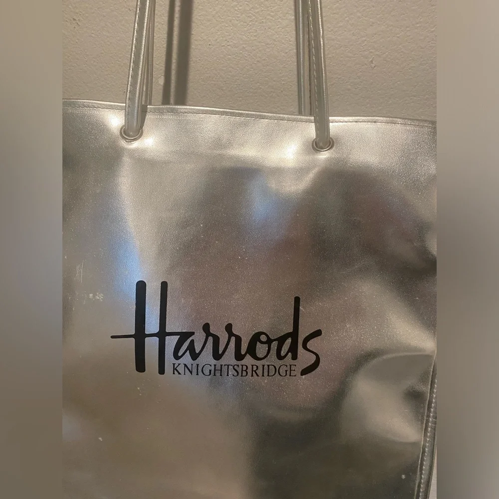 Harrods Knightsbridge Silver Long Handle Tote Nylon Coated with PVC